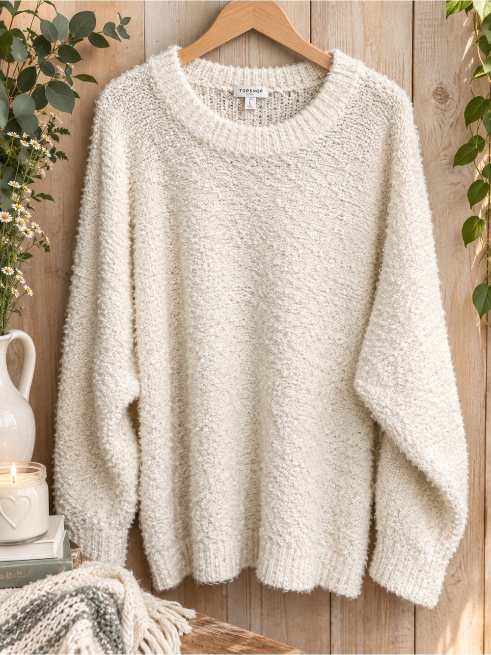 Topshop Oversized Cream Bouclé Crewneck Sweater L 🤍✨